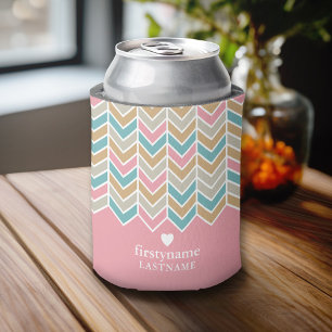 Modern Herringbone Pattern - Pink Blue Gold Can Cooler
