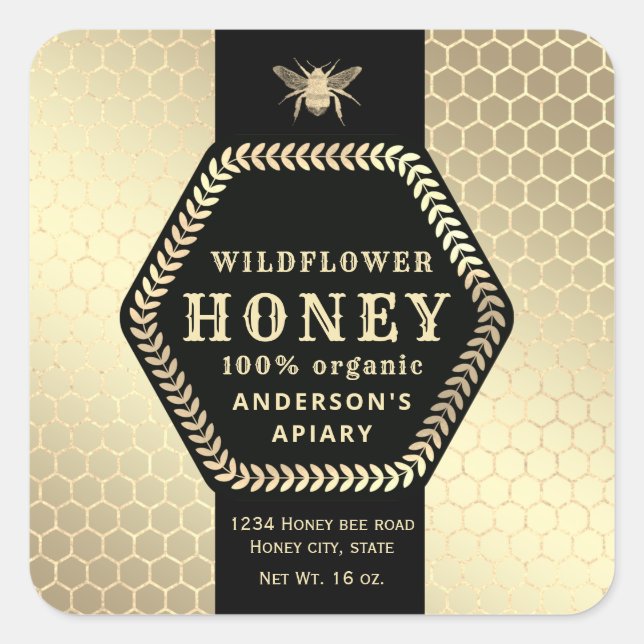 Modern Hexagon branch  gold bee honey jar Label (Front)