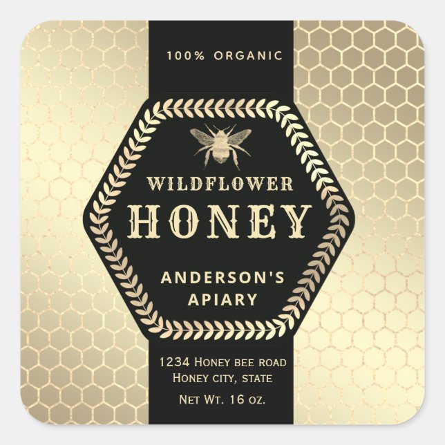 Modern Hexagon branch  gold bee honey jar Label (Front)