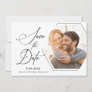 Modern Hexagon Photo Black and White Script Save The Date