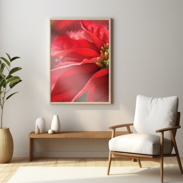 Modern High Poly Poinsettia | Botanical Wall Art (Modern botanical poinsettia displayed in a bright, minimalist living space with natural wood accents)