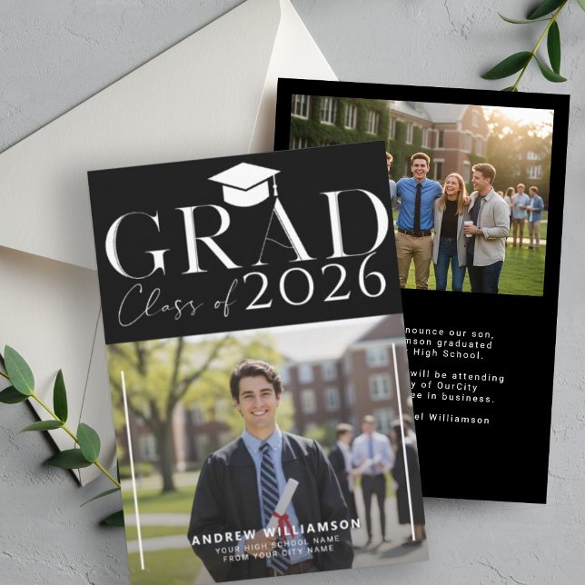Modern high school graduate photo black graduation announcement (Creator Uploaded)