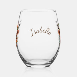 Modern Highland Cow Boho with Flowers Design Stemless Wine Glass