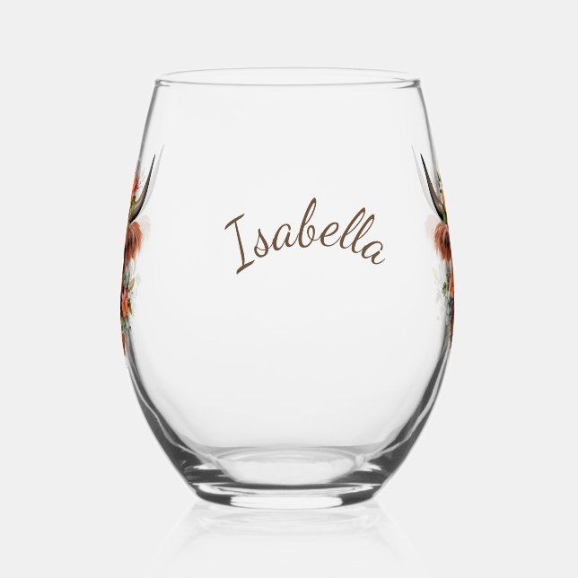 Modern Highland Cow Boho with Flowers Design Stemless Wine Glass (Left)