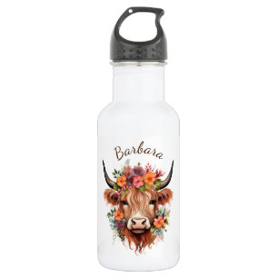 Modern Highland Cow with Boho Flowers 532 Ml Water Bottle