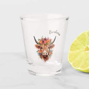 Modern Highland Cow with Flowers Shot Glass