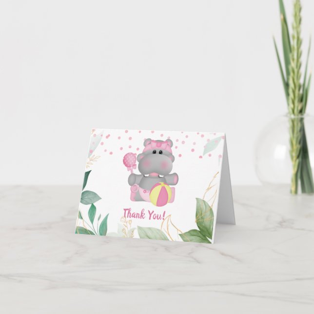 Modern Hippo Pink Green Leaves Baby Shower Thank You Card (Front)