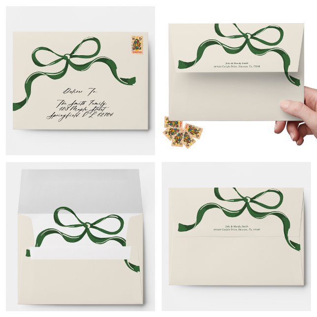 Modern Holiday Big Green Bow Christmas Cream Envelope (Creator Uploaded)