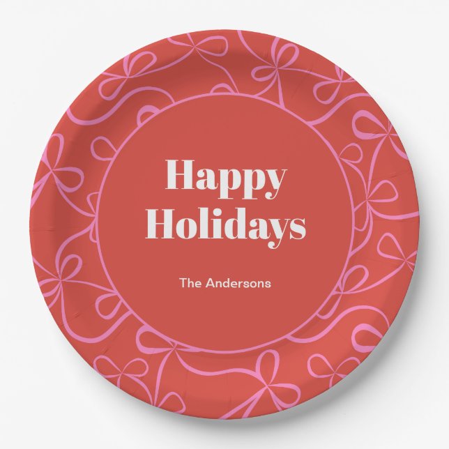 Modern Holiday Bold Red & Pink Ribbon Pattern Paper Plate (Front)
