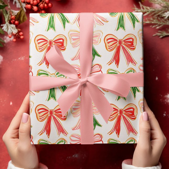 Modern Holiday Bows Red Green Pink Christmas Wrapping Paper (Creator Uploaded)