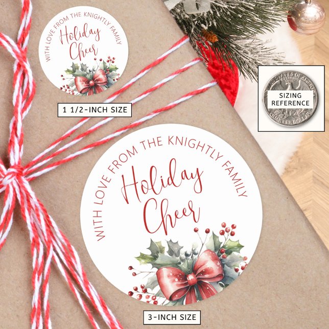 Modern Holiday Cheer Script Red Bow From Name Classic Round Sticker (Creator Uploaded)