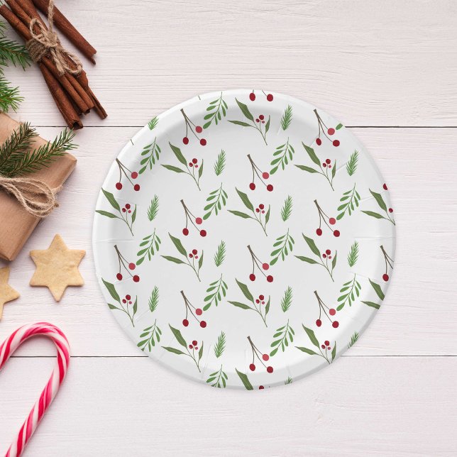 Modern Holiday Christmas Greenery Botanical Berry Paper Plate (Creator Uploaded)