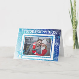 Modern Holiday Custom Photo Blue &White Snowflakes Card
