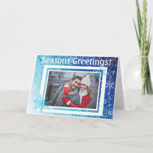 Modern Holiday Custom Photo Blue &White Snowflakes Card
