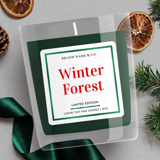 Modern Holiday Elegant Christmas Candle Packaging Square Sticker (Minimal Christmas product labels with faux green foil and red typography )