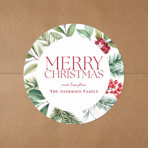 Modern Holiday Floral Merry Christmas Classic Round Sticker
