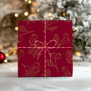 Modern Holiday Foliage Gold and Red Wrapping Paper