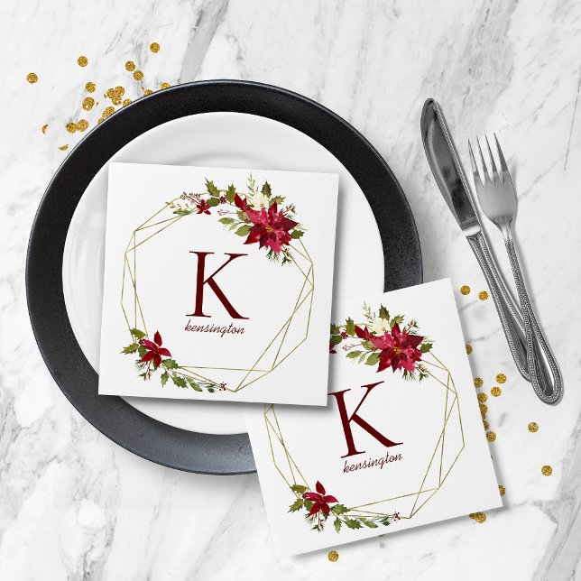 Modern Holiday Geometric Floral Wreath Monogram Napkin (Modern Holiday Geometric Floral Wreath Monogram Napkins)