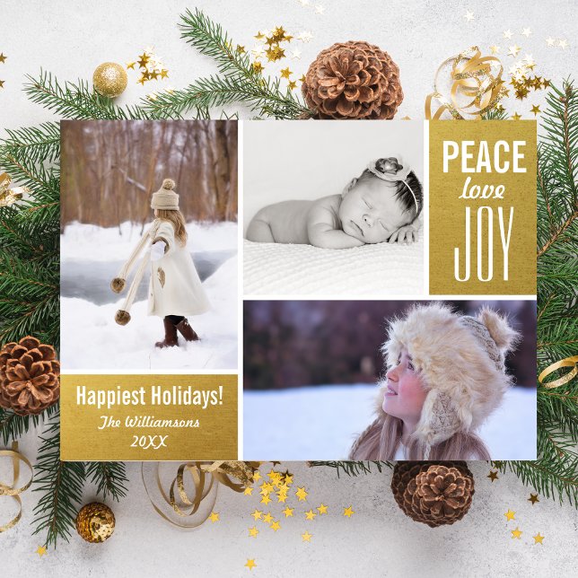 Modern Holiday Gold Peace Love Joy Photo Collage Card (Creator Uploaded)