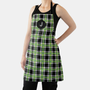Modern Holiday Green Black Plaid and Monogram Apron