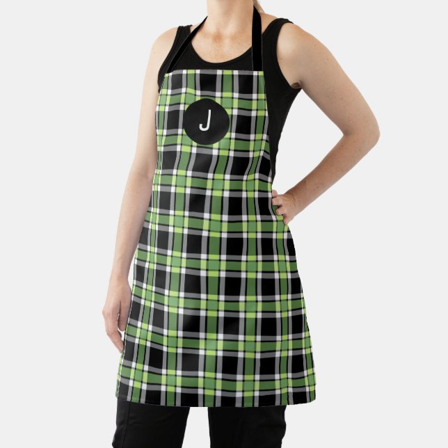 Modern Holiday Green Black Plaid and Monogram  Apron (Insitu)