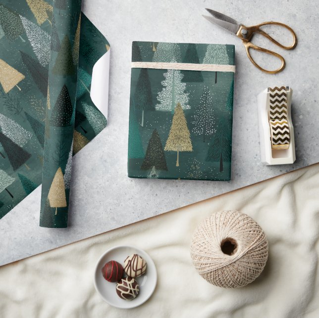 Modern Holiday Green & Gold Trees Wrapping Paper (Crafts)