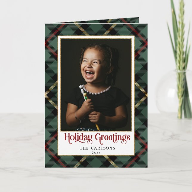 Modern Holiday Greetings Script on Plaid Photo Card (Front)