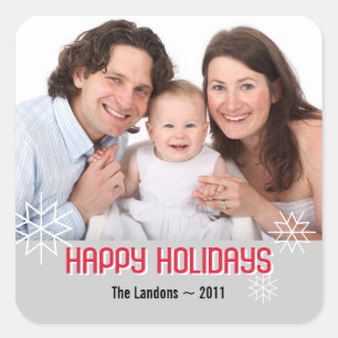 Modern holiday photo red grey snowflake greeting square sticker