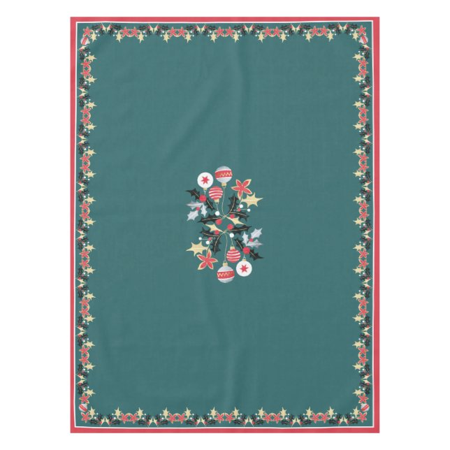 Modern Holiday Red Gold & Silver Ornaments Teal Tablecloth (Front)