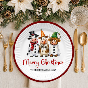 Modern Holiday whimsical cow playful christmas pap Paper Plate