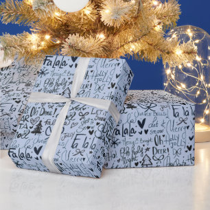 Modern Holiday Word Art Blue Christmas Wrapping Paper