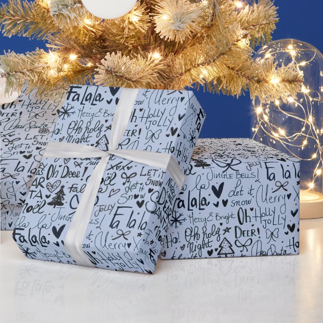 Modern Holiday Word Art Blue Christmas Wrapping Paper (Holidays)