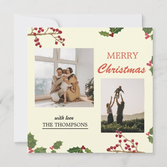 Modern Holly Berries Merry Christmas 2 Photo Holiday Card (Front)