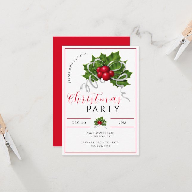 Modern Holly, Berries & Ribbon Christmas Party Invitation (Front/Back In Situ)