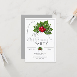 Modern Holly, Berries & Ribbon Christmas Party Invitation