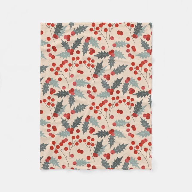 Modern Holly Berry Christmas Botanical Pattern Fleece Blanket (Front)