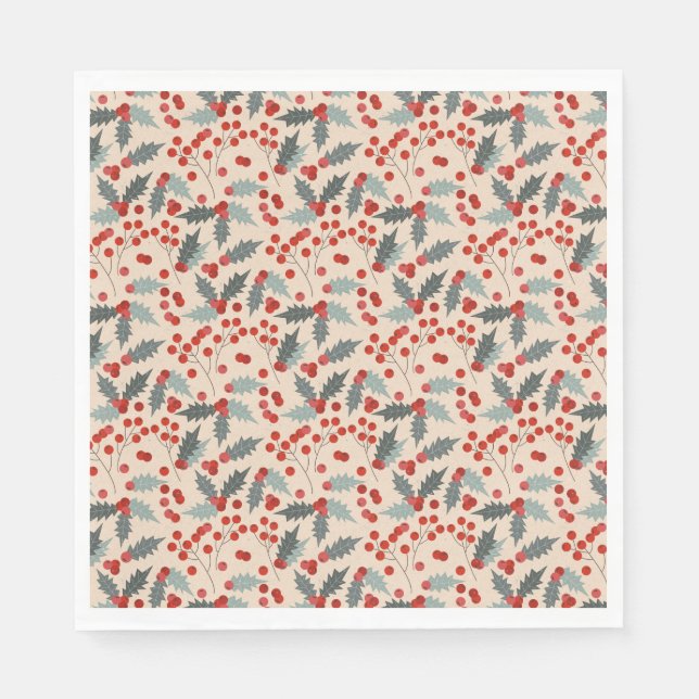 Modern Holly Berry Christmas Botanical Pattern Napkin (Front)