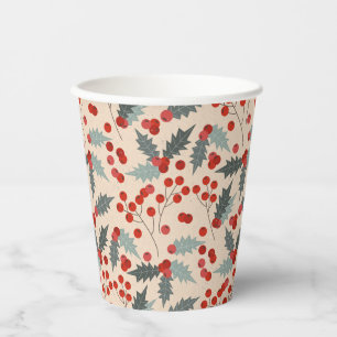 Modern Holly Berry Christmas Botanical Pattern Paper Cups