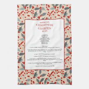 Modern Holly Berry Christmas Botanical Recipe Tea Towel