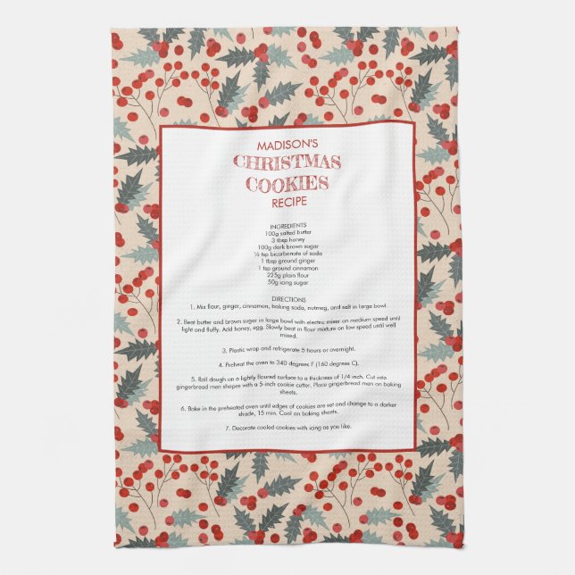 Modern Holly Berry Christmas Botanical Recipe Tea Towel (Vertical)