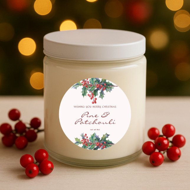 Modern Holly Berry Christmas Candle Classic Round Sticker (Creator Uploaded)