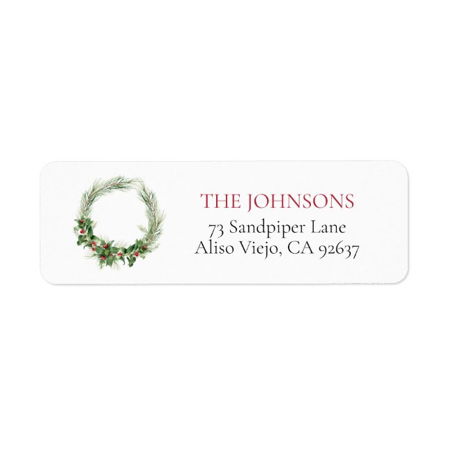 Modern Holly Berry Greenery Wreath Return Address (Front)