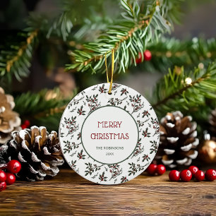 Modern Holly Christmas Botanical Berries Pattern Ceramic Tree Decoration