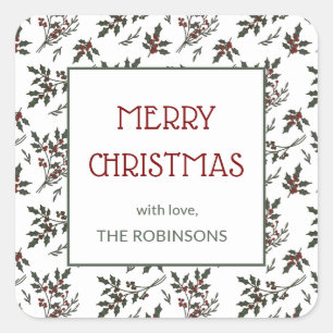 Modern Holly Christmas Botanical Berries Pattern Square Sticker