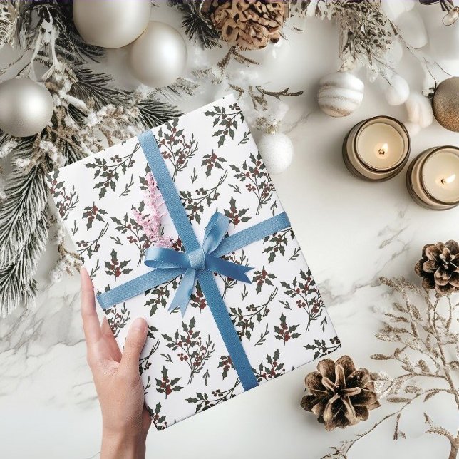 Modern Holly Christmas Plant Berries Winter White Wrapping Paper (Christmas Holly Botanical Pattern wrapping paper)
