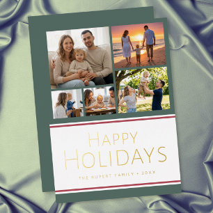 Modern Holly Five Photo Collage Happy Holidays