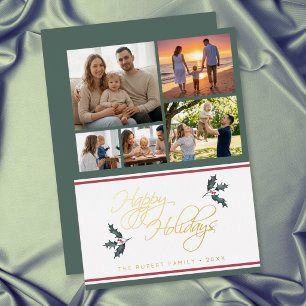 Modern Holly Five Photo Collage Happy Holidays