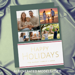 Modern Holly Five Photo Collage Happy Holidays