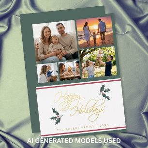 Modern Holly Five Photo Collage Happy Holidays