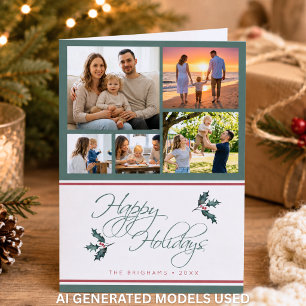 Modern Holly Five Photo Collage Happy Holidays Holiday Card